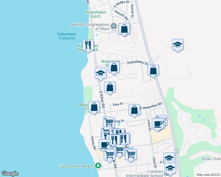 map of restaurants, bars, coffee shops, grocery stores, and more near 48 Hoonani Street in Kihei