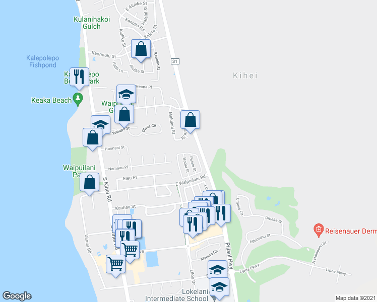 map of restaurants, bars, coffee shops, grocery stores, and more near 156 Kawailani Circle in Kihei