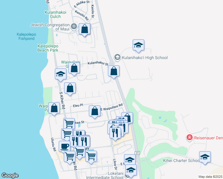 map of restaurants, bars, coffee shops, grocery stores, and more near 162 Kawailani Circle in Kihei