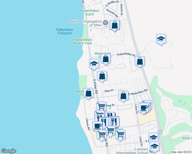 map of restaurants, bars, coffee shops, grocery stores, and more near 12 Hoonani Street in Kihei