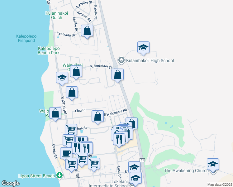 map of restaurants, bars, coffee shops, grocery stores, and more near 156 Kawailani Circle in Kihei