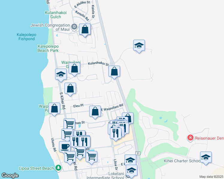map of restaurants, bars, coffee shops, grocery stores, and more near 162 Kawailani Circle in Kihei