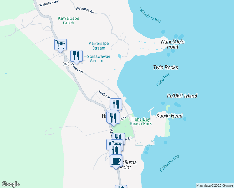 map of restaurants, bars, coffee shops, grocery stores, and more near 4897 Uakea Road in Hana