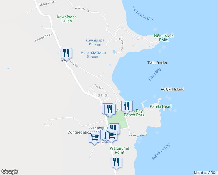 map of restaurants, bars, coffee shops, grocery stores, and more near 4888 Uakea Road in Hana