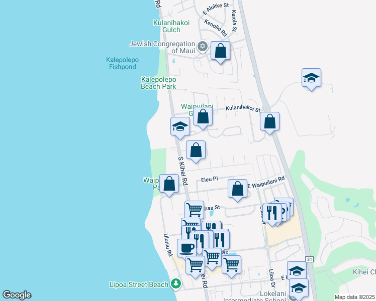 map of restaurants, bars, coffee shops, grocery stores, and more near 26 Hoonani Street in Kihei