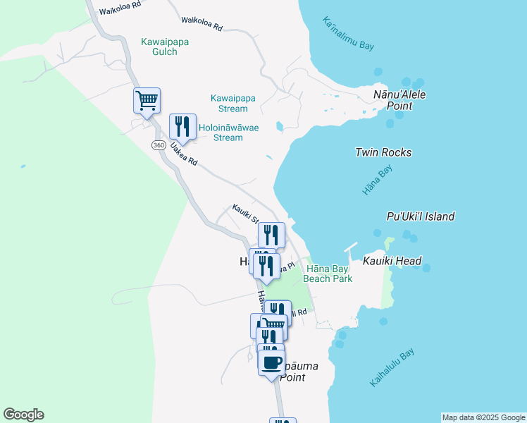 map of restaurants, bars, coffee shops, grocery stores, and more near 4888 Uakea Road in Hana