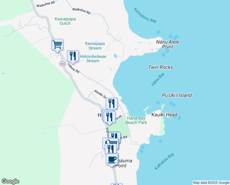 map of restaurants, bars, coffee shops, grocery stores, and more near 4897 Uakea Road in Hana
