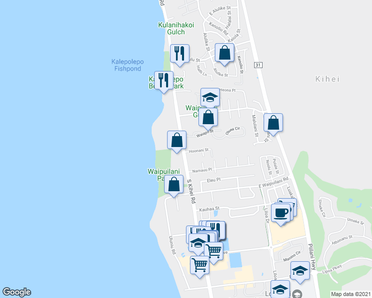 map of restaurants, bars, coffee shops, grocery stores, and more near 5 Hoonani Street in Kihei