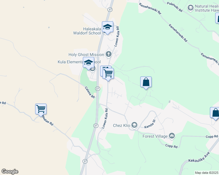 map of restaurants, bars, coffee shops, grocery stores, and more near 4639 Lower Kula Road in Kula