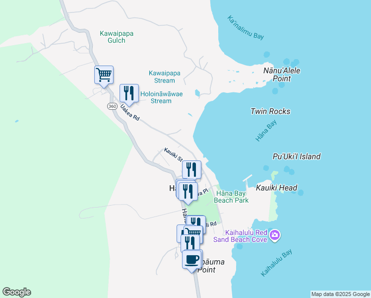 map of restaurants, bars, coffee shops, grocery stores, and more near 4870 Uakea Road in Hana