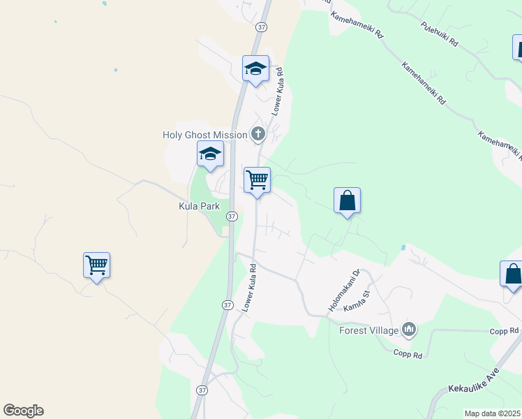 map of restaurants, bars, coffee shops, grocery stores, and more near 4615 Lower Kula Road in Kula