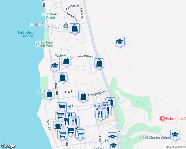 map of restaurants, bars, coffee shops, grocery stores, and more near 905 Mahealani Street in Kihei