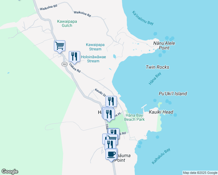 map of restaurants, bars, coffee shops, grocery stores, and more near 4865 Uakea Road in Hana