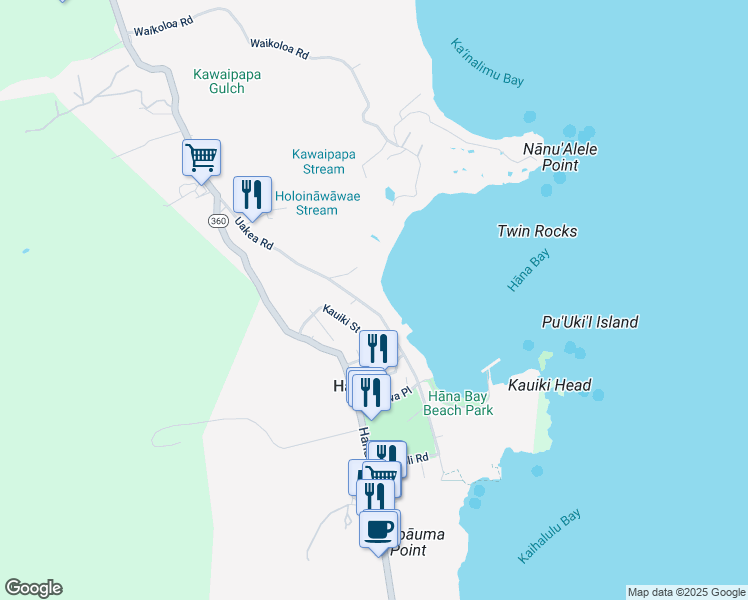 map of restaurants, bars, coffee shops, grocery stores, and more near 4865 Uakea Road in Hana