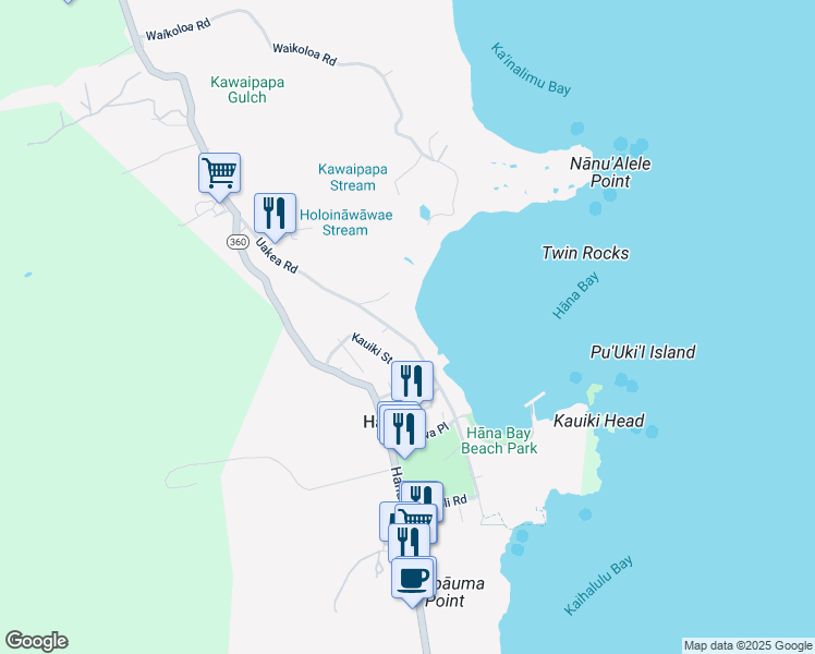 map of restaurants, bars, coffee shops, grocery stores, and more near 4865 Uakea Road in Hana