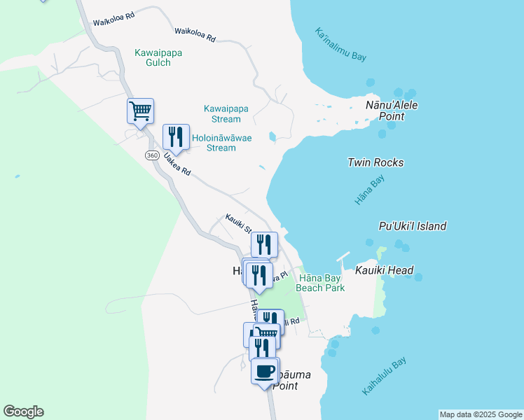 map of restaurants, bars, coffee shops, grocery stores, and more near 4865 Uakea Road in Hana