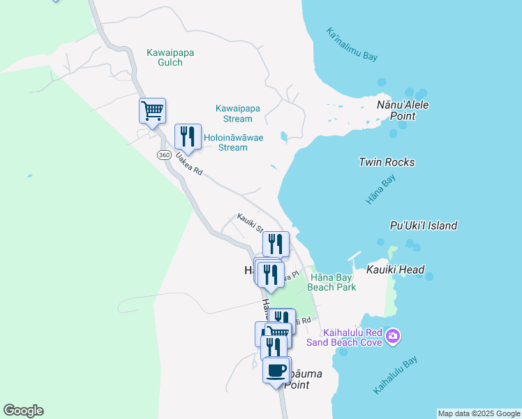 map of restaurants, bars, coffee shops, grocery stores, and more near Uakea Road in Hana