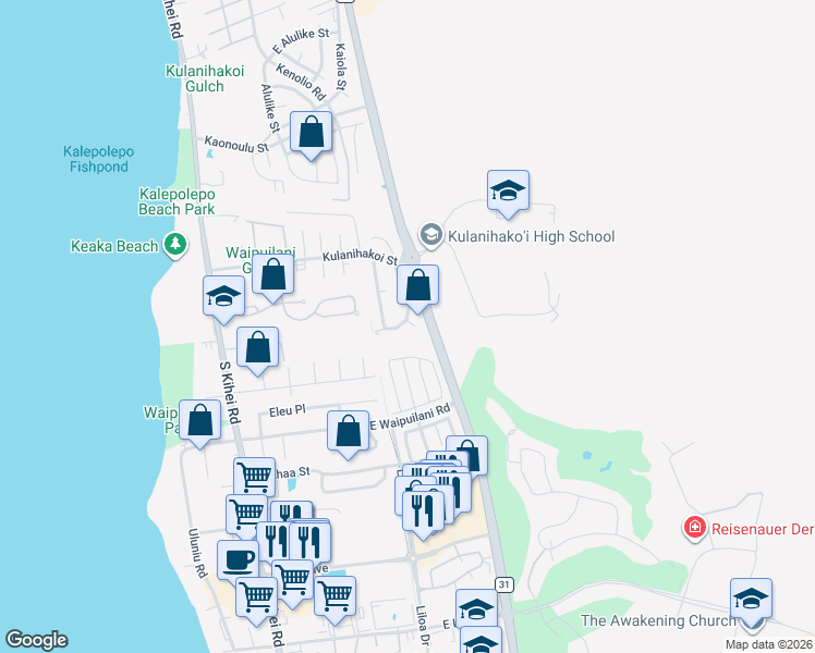 map of restaurants, bars, coffee shops, grocery stores, and more near 914 Kahoku Place in Kihei