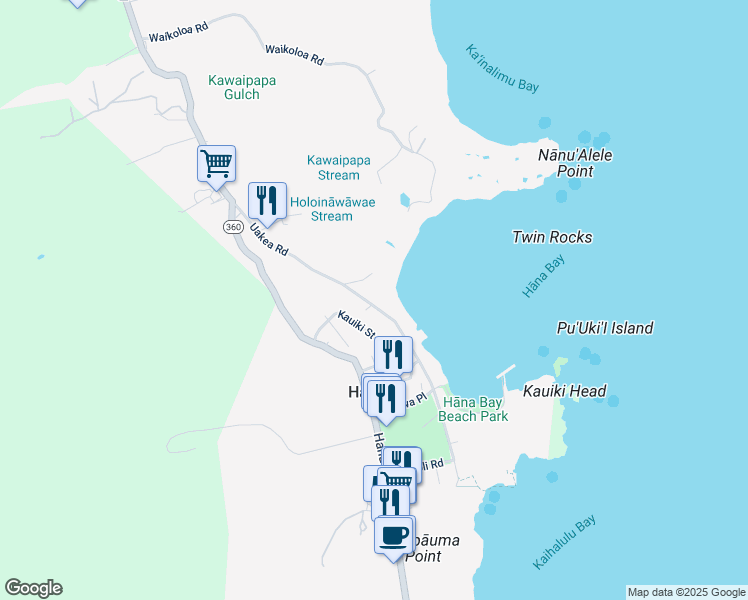 map of restaurants, bars, coffee shops, grocery stores, and more near 4845 Uakea Road in Hana