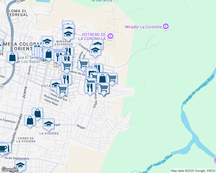 map of restaurants, bars, coffee shops, grocery stores, and more near 2828 Pablo Neruda in Zapopán