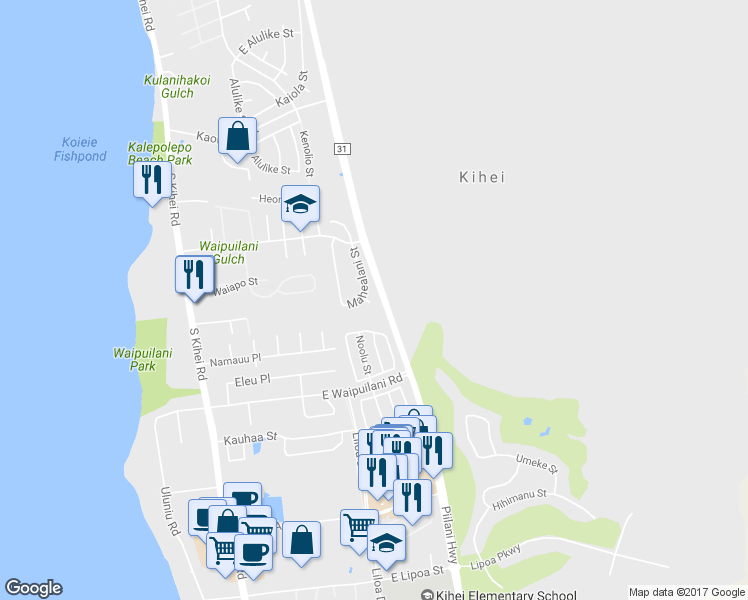 map of restaurants, bars, coffee shops, grocery stores, and more near 917 Kahoku Place in Kihei