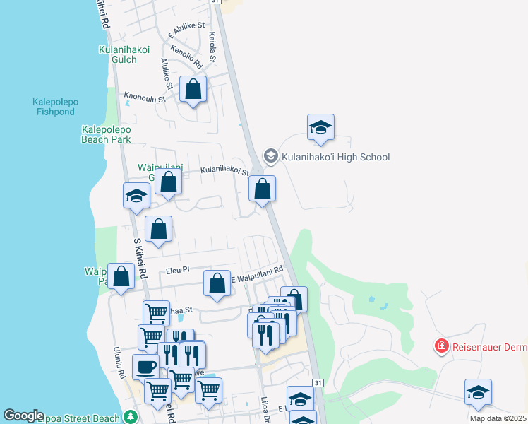 map of restaurants, bars, coffee shops, grocery stores, and more near 919 Kahoku Place in Kihei