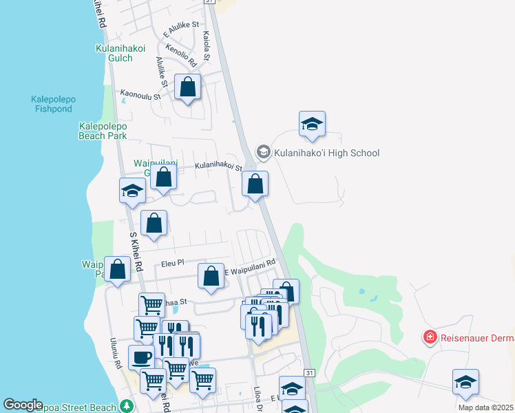 map of restaurants, bars, coffee shops, grocery stores, and more near 919 Kahoku Place in Kihei