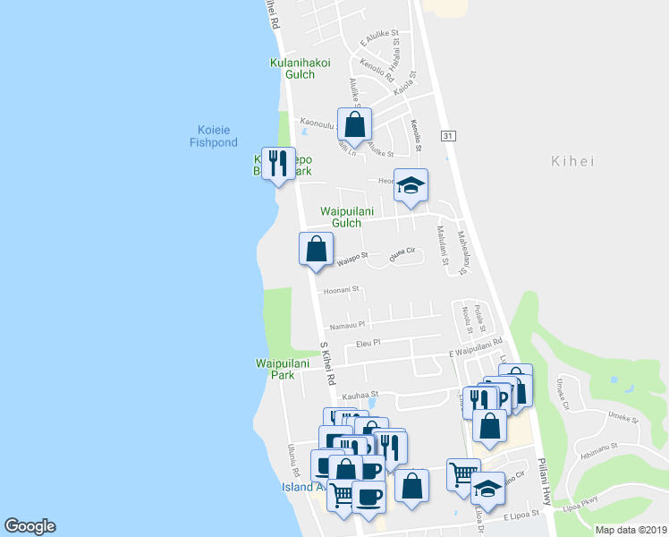 map of restaurants, bars, coffee shops, grocery stores, and more near 40 Waiapo Street in Kihei