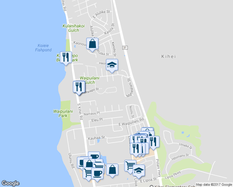 map of restaurants, bars, coffee shops, grocery stores, and more near 199 Oluea Circle in Kihei