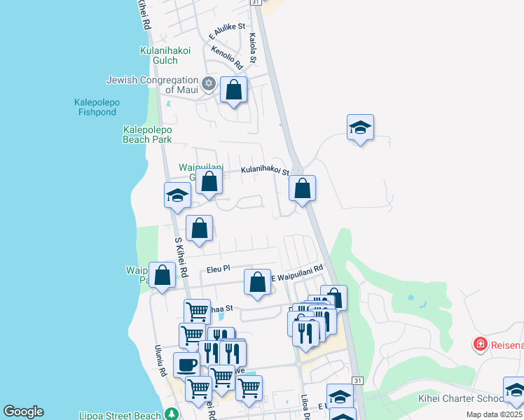 map of restaurants, bars, coffee shops, grocery stores, and more near 199 Oluea Circle in Kihei