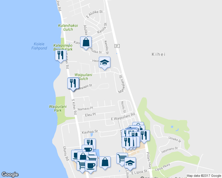 map of restaurants, bars, coffee shops, grocery stores, and more near 197 Oluea Circle in Kihei