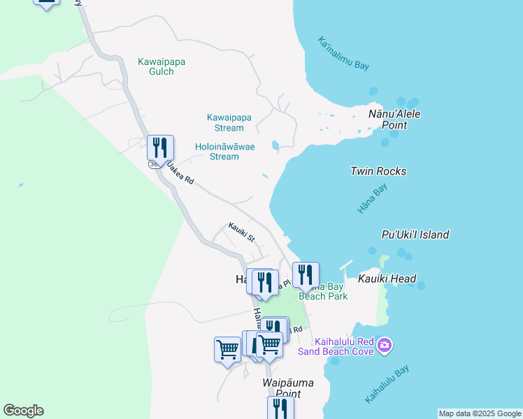 map of restaurants, bars, coffee shops, grocery stores, and more near 140 Waikoloa Road in Hana