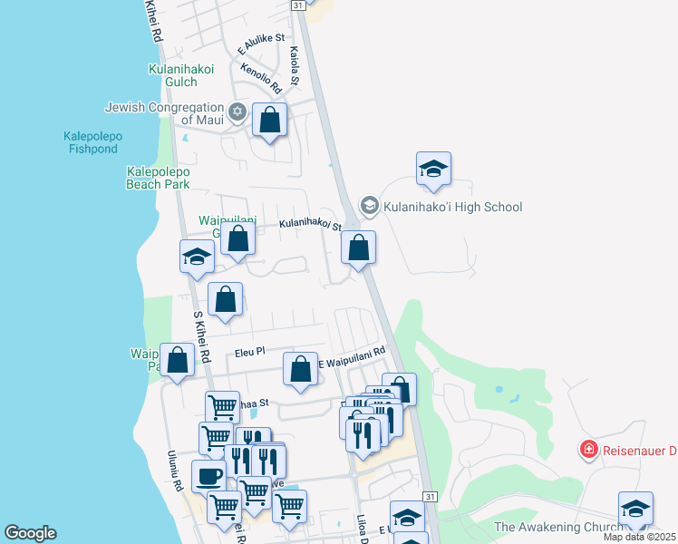 map of restaurants, bars, coffee shops, grocery stores, and more near 907 Malulani Street in Kihei