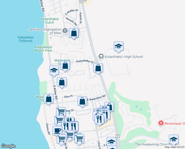 map of restaurants, bars, coffee shops, grocery stores, and more near 907 Malulani Street in Kihei