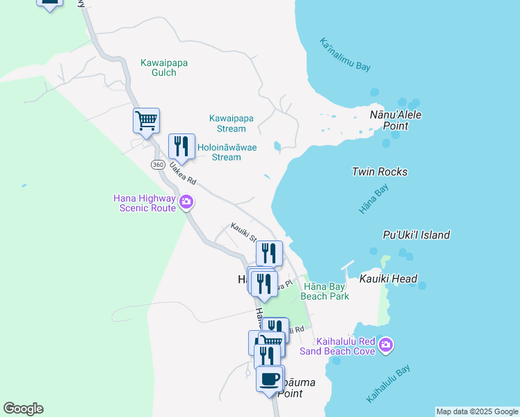 map of restaurants, bars, coffee shops, grocery stores, and more near 140 Waikoloa Road in Hana