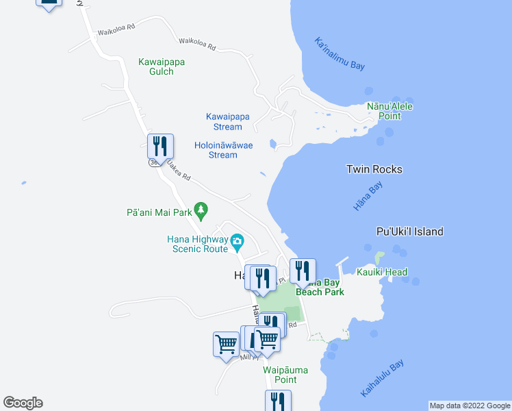 map of restaurants, bars, coffee shops, grocery stores, and more near 140 Waikoloa Road in Hana