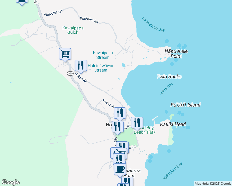 map of restaurants, bars, coffee shops, grocery stores, and more near 140 Waikoloa Road in Hana