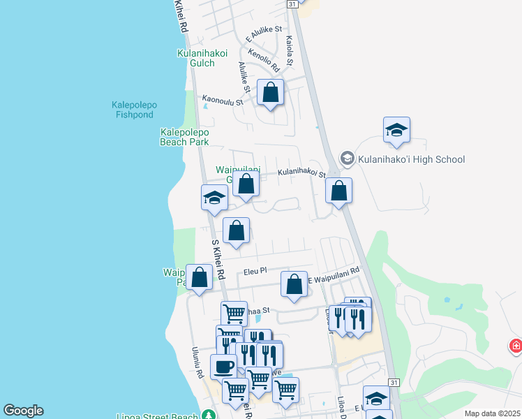 map of restaurants, bars, coffee shops, grocery stores, and more near 87 Oluea Street in Kihei