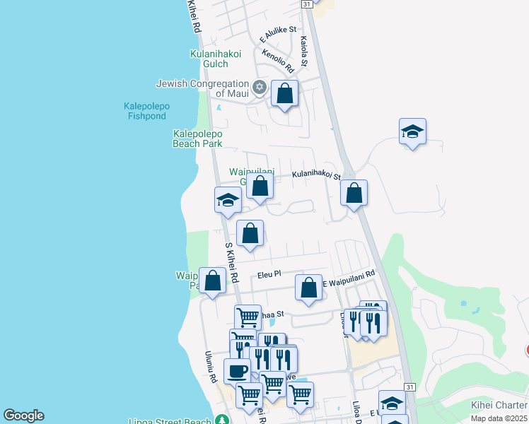 map of restaurants, bars, coffee shops, grocery stores, and more near 64 Oluea Circle in Kihei
