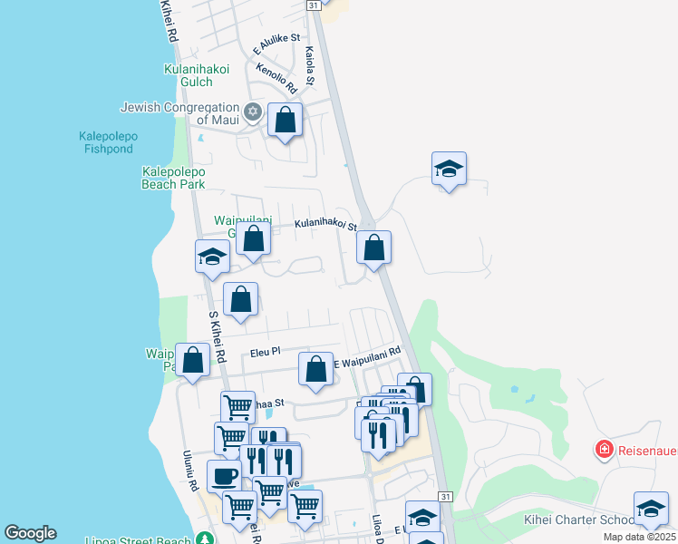 map of restaurants, bars, coffee shops, grocery stores, and more near 900 Malulani Street in Kihei