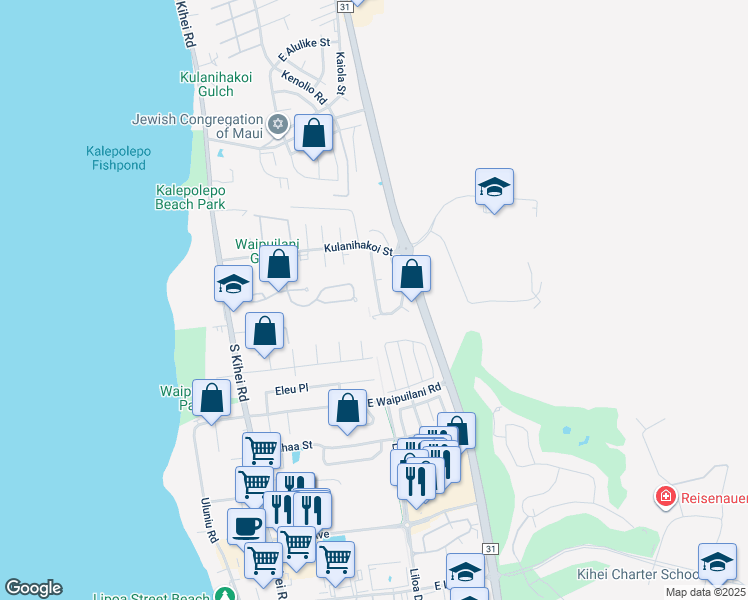 map of restaurants, bars, coffee shops, grocery stores, and more near 900 Malulani Street in Kihei