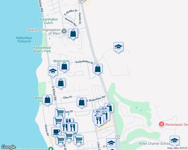 map of restaurants, bars, coffee shops, grocery stores, and more near 872 Mahealani Street in Kihei