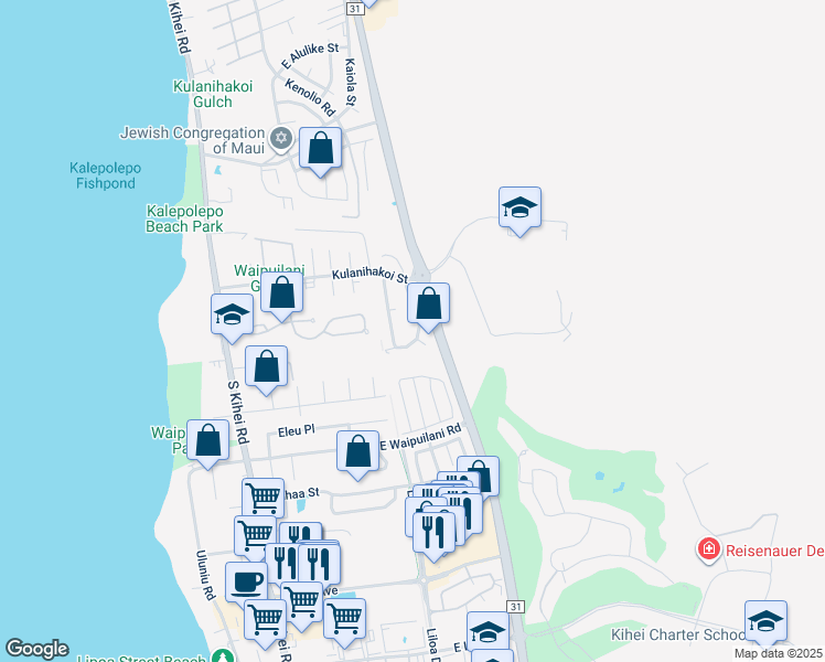 map of restaurants, bars, coffee shops, grocery stores, and more near 872 Mahealani Street in Kihei