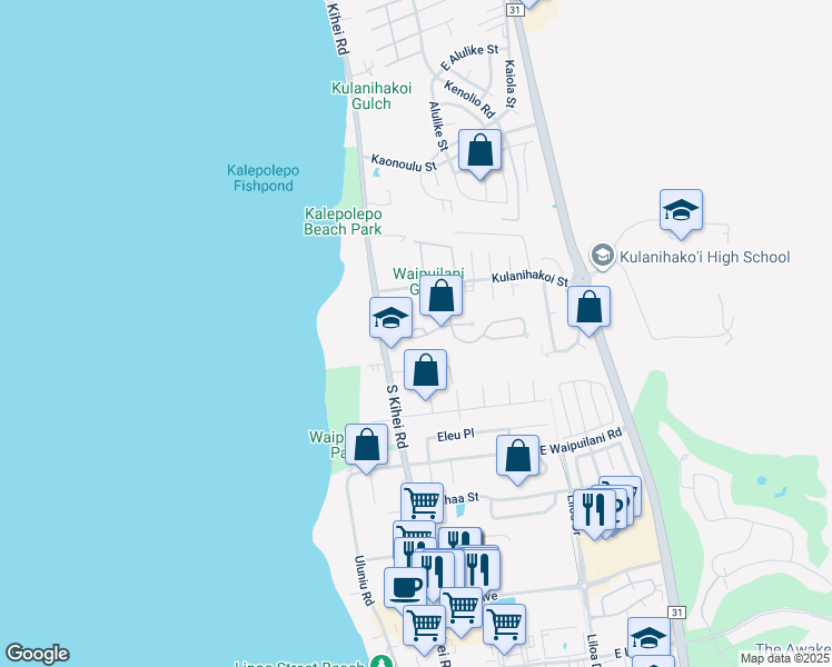 map of restaurants, bars, coffee shops, grocery stores, and more near 43 Waiapo Street in Kihei