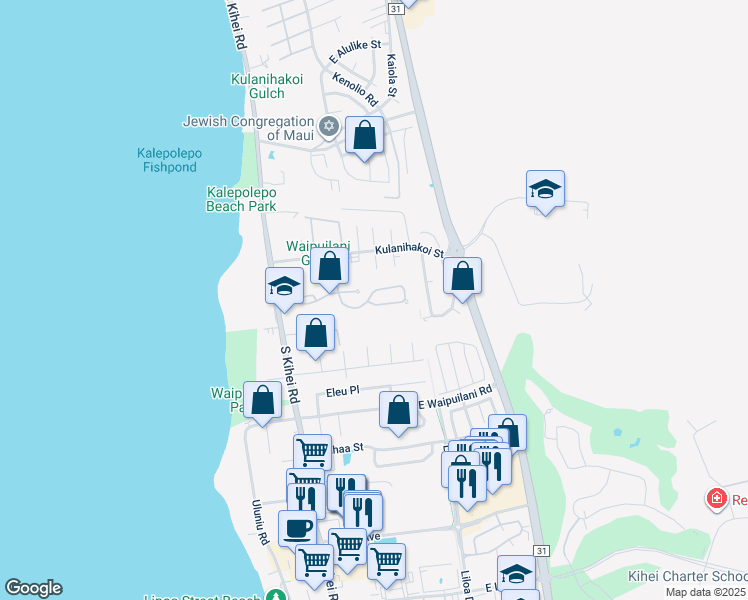 map of restaurants, bars, coffee shops, grocery stores, and more near 64 Oluea Circle in Kihei