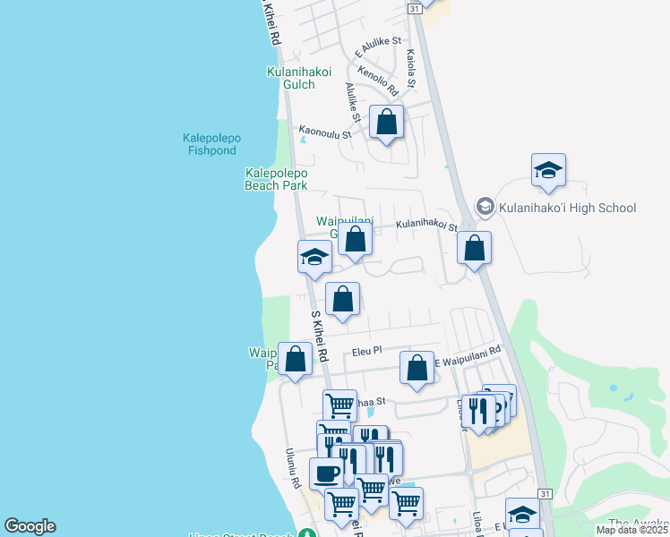 map of restaurants, bars, coffee shops, grocery stores, and more near 43 Waiapo Street in Kihei