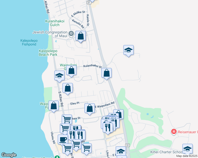 map of restaurants, bars, coffee shops, grocery stores, and more near 889 Malulani Street in Kihei