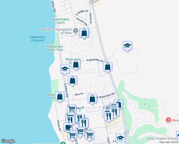 map of restaurants, bars, coffee shops, grocery stores, and more near 222 Oluea Circle in Kihei