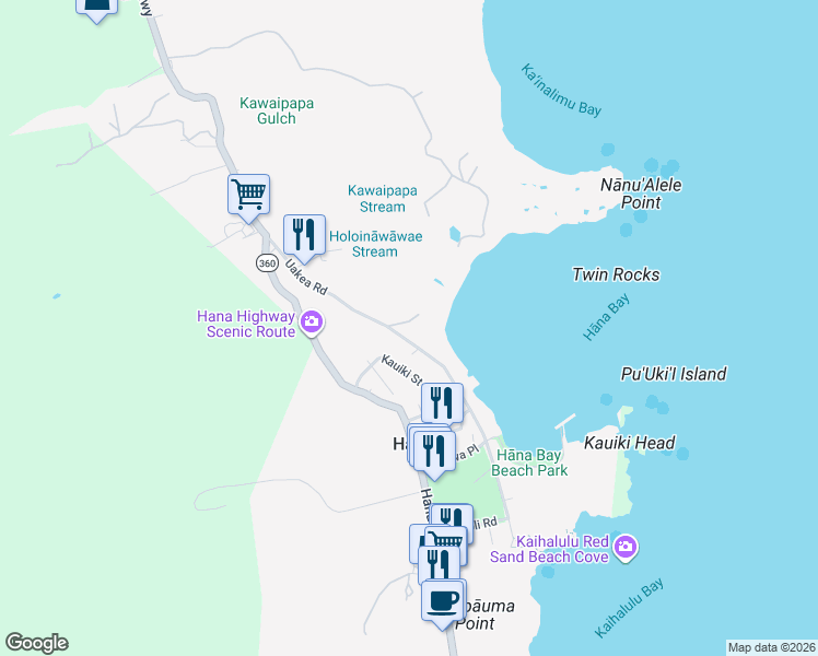 map of restaurants, bars, coffee shops, grocery stores, and more near 120 Waikoloa Road in Hāna