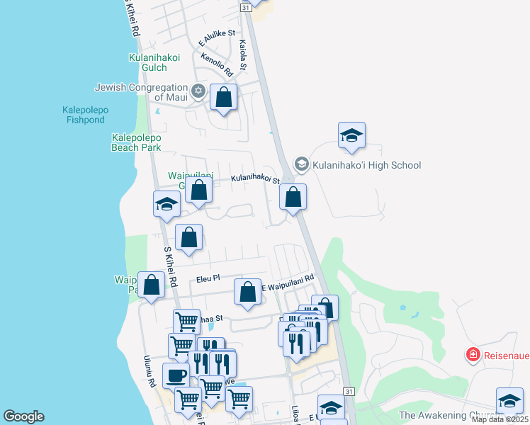 map of restaurants, bars, coffee shops, grocery stores, and more near 888 Malulani Street in Kihei